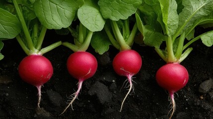 Three radishes growing in a garden bed. the radishes are bright red in color and have long, thin stems with green leaves.