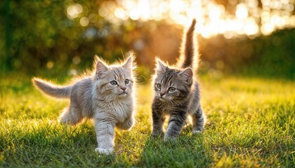 Playful Kittens Frolicking Outdoors on a Sunlit Field, Their Soft Fur Glowing under the Warm Rays of the Sun Amidst a Backdrop of Blooming Wildflowers and a Serene Blue Sky, Capturing the Joyful