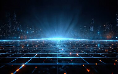 4K Ultra-Realistic Render: Abstract Blue Glow Digital Background with City Skyline and Light Grid Vector