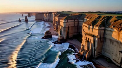 A dramatic coastal scene with ocean waves meeting towering, geometric cliffs under a golden sunset sky. - Powered by Adobe