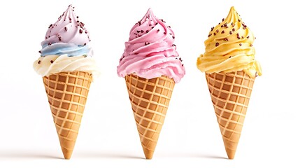 Colorful Soft Serve Ice Cream Cones with Sprinkles on White Background