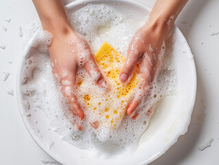 hand washing dishes with a sponge and soap