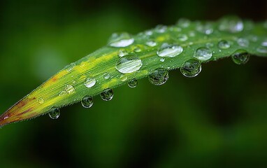 Eco Macro Art: Sunlit Water Droplet Patterns on Leaf, Soft-Focus Natural Background, Symbol of Life Balance