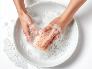 hand washing dishes with a sponge and soap