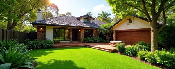 Obraz premium Sun-drenched Aussie home, lush artificial turf, neat timber border, home, day