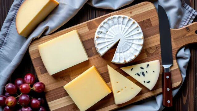 A wooden board displays assorted cheeses and a cluster of grapes, with a cheese knife and a napkin nearby.