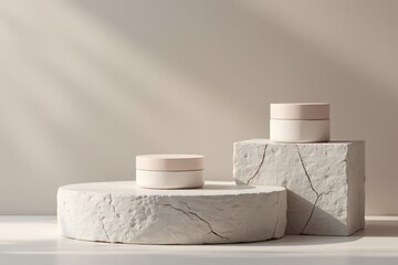 Minimalist skincare product jars displayed on weathered stone pedestals under soft natural light with a subtle gradient backdrop