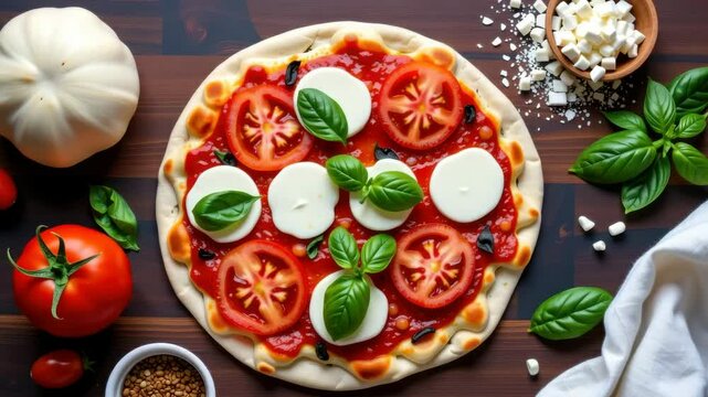 Fresh Margherita pizza with mozzarella, tomato slices, basil leaves, and ingredients scattered on a wooden table.