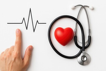 Medical concept of a human heart stethoscope and ekg waveform illustrating heart health and cardiology awareness for wellness.