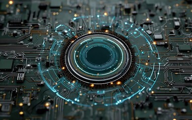 Futuristic Flat Lay Design: Blue-Green Circuit Board and Data Center Background with Central Glow Circle, Digital Render