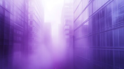 Ethereal urban landscape with towering buildings shrouded in violet haze
