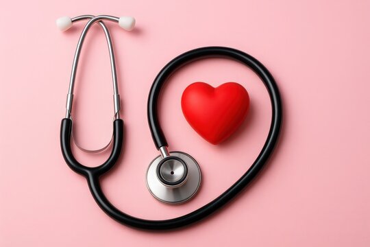 A conceptual image featuring a stethoscope encircling a red heart symbolizing healthcare and cardiology on a pink background
