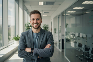 Confident caucasian male professional in dark sweater standing with arms crossed in hallway office, perfect for career growth, startup leadership, and corporate team strategy visuals