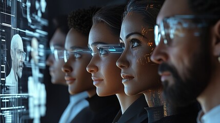 A futuristic AR-powered recruitment panel evaluating diverse job applicants