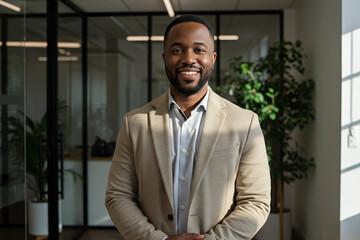 Confident aftican businessman in beige blazer smiling warmly while standing near window in modern bright office, perfect for leadership diversity and inclusive workplace representation content