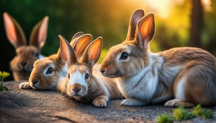 Playful, Laughing Rabbits Frolic in a Vibrant Zoological Garden, Showcasing their Charm and Mischief under the Bright Spring Sky, Surrounded by Exotic Plants and Colorful Blooms.
