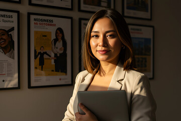 Confident asian businesswoman in beige blazer holding digital tablet while standing in creative office interior for branding assets and leadership visuals in modern startup company
