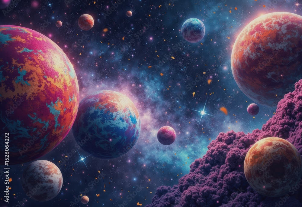 Aufkleber a vibrant party in outer space with colorful planets and floating confetti