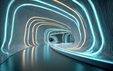3D abstract tunnel with glowing blue teal lines and white neon lights, dark background vector illustration, flat style digital art, high-resolution futuristic design for tech presentations.