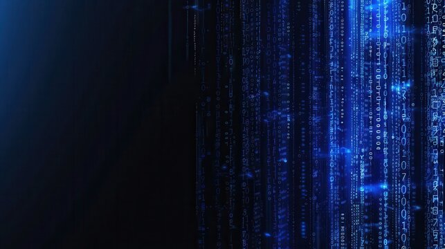 Blue vertical binary code stream glowing on dark futuristic background. AI-generated.