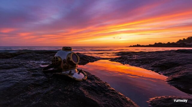 Dramatic closeup of a metallic diving mask with glass windows, antique diving suit with water droplets, showcasing exploration and underwater adventure