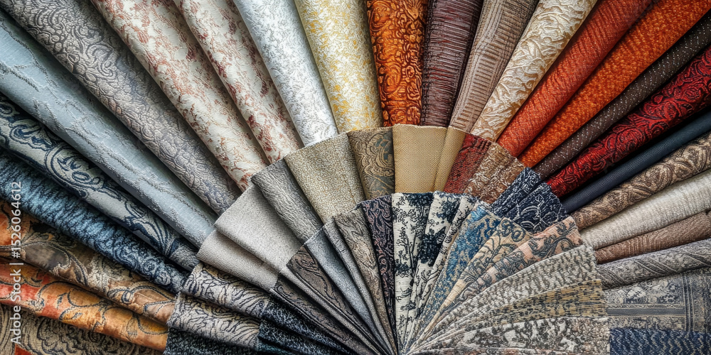 Poster luxurious fabric samples arranged in a captivating fan pattern. rich textures and diverse colors for