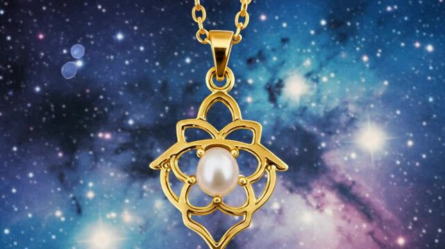 Gold necklace with moonstone pendant hanging, creating a magical and enchanting atmosphere