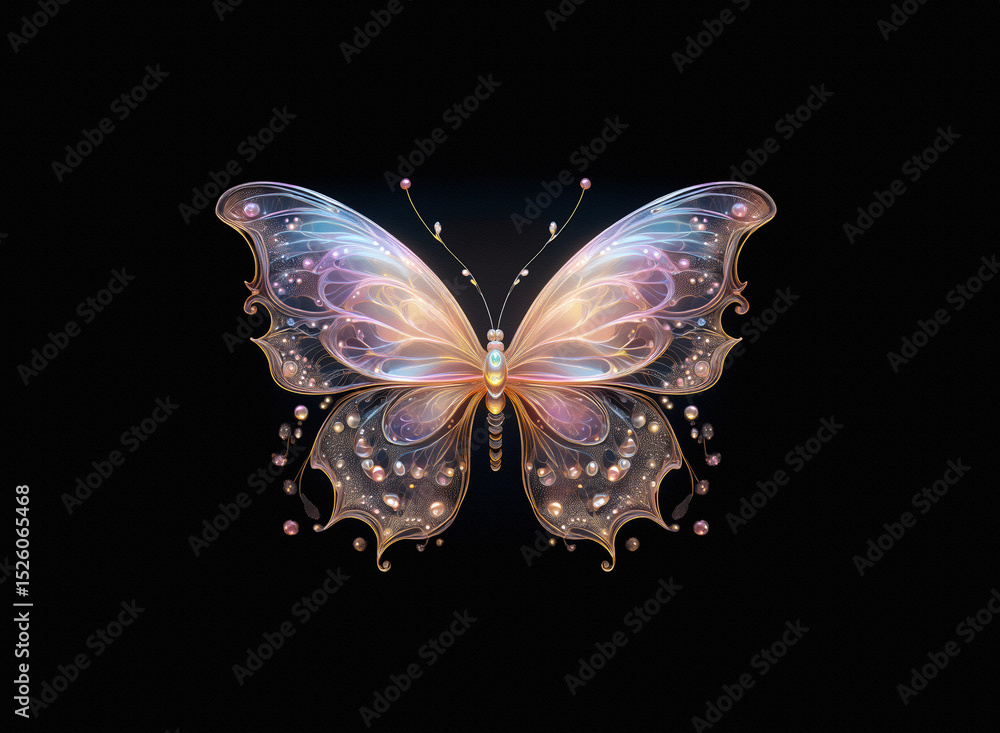 Poster a luminous butterfly with iridescent wings glows softly against a dark background. its delicate form
