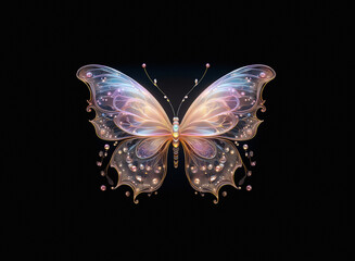 A luminous butterfly with iridescent wings glows softly against a dark background. Its delicate form is outlined with sparkling light and subtle colors.