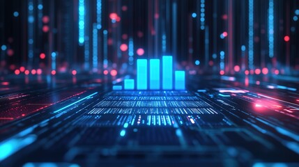 A futuristic AI dashboard with a bright blue glowing bar chart going up