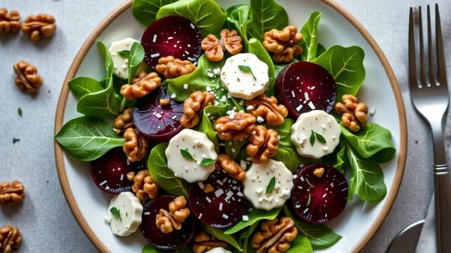 A colorful salad made with fresh leafy greens, sliced beets, creamy cheese rounds, crunchy walnuts, and a sprinkle of herbs.