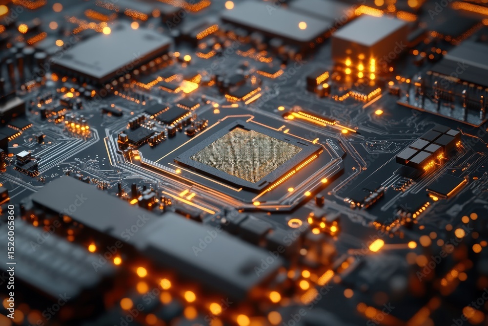 Poster futuristic circuit board featuring an advanced microchip illuminated by orange lights in a high-tech