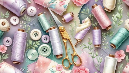 Seamless watercolor pattern of sewing tools including thread spools, buttons, scissors, and fabric swatches in pastel tones