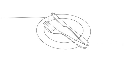 Single Line Drawing of Cutlery on Plate – Minimalist Fork, Spoon, and Knife Composition