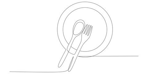 Minimalist One Line Drawing of Spoon and Fork on Plate – Elegant Tableware Sketch