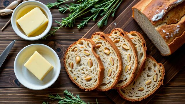 Sliced artisan bread with pine nuts, fresh rosemary, and two dishes of butter on a wooden table.