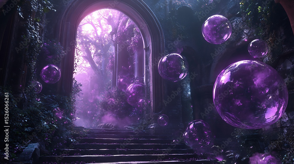 Poster enigmatic purple orbs floating through an ethereal gateway in the dark forest