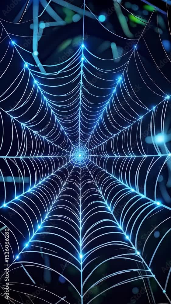Poster glowing blue lines form a symmetrical spiderweb shape against a dark backdrop, with bright points of