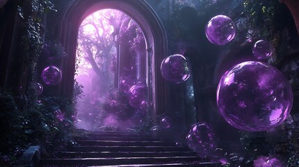 Enigmatic purple orbs floating through an ethereal gateway in the dark forest