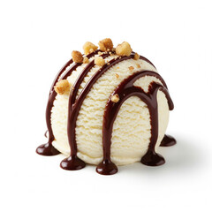 Vanilla Ice Cream Scoop with Chocolate Syrup and Nuts