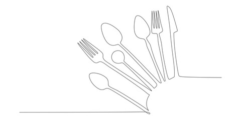 One Line Drawing of Cutlery – Minimalist Fork, Spoon and Knife Illustration

