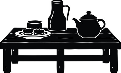  rustic breakfast spread on wooden table silhouette vector illustration