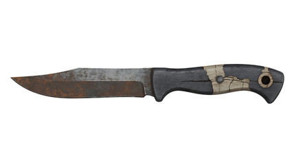 Rusty hunting knife with cracked handle isolated on transparent background