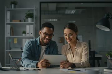 Smiling diverse colleagues or friendly coworkers team talking and laughing while using laptop together during productive meeting in modern office space, working on creative online business project


