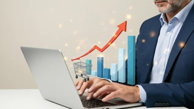Man in suit typing on laptop with shopping cart graph and arrow overlay showing growth online sales
