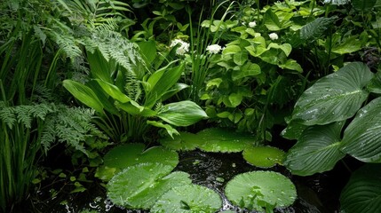 Close-up of a pond with various plants and ferns surrounding it. the pond is filled with water and there are several large green leaves floating on the surface.
