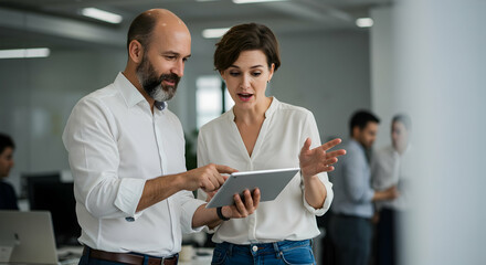 Business colleagues reviewing data on tablet in modern office teamwork collaboration success digital technology