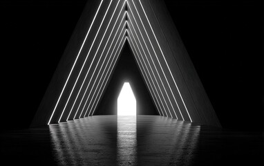Black background with white triangle lines symmetrical composition, high resolution detailed minimalist art symbolizing empty space, neon lights illumination reflection and front beams forming triangl