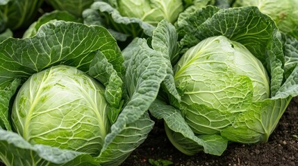 Fototapeta premium Close-up of a group of fresh green cabbage plants growing in a garden bed. the cabbage heads are large and round, with large leaves covering their heads.