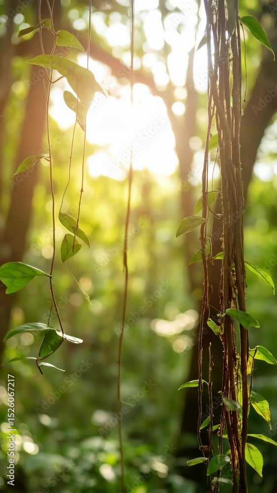 Poster sunlight filters through lush rainforest foliage with trailing vines and vivid green leaves creating